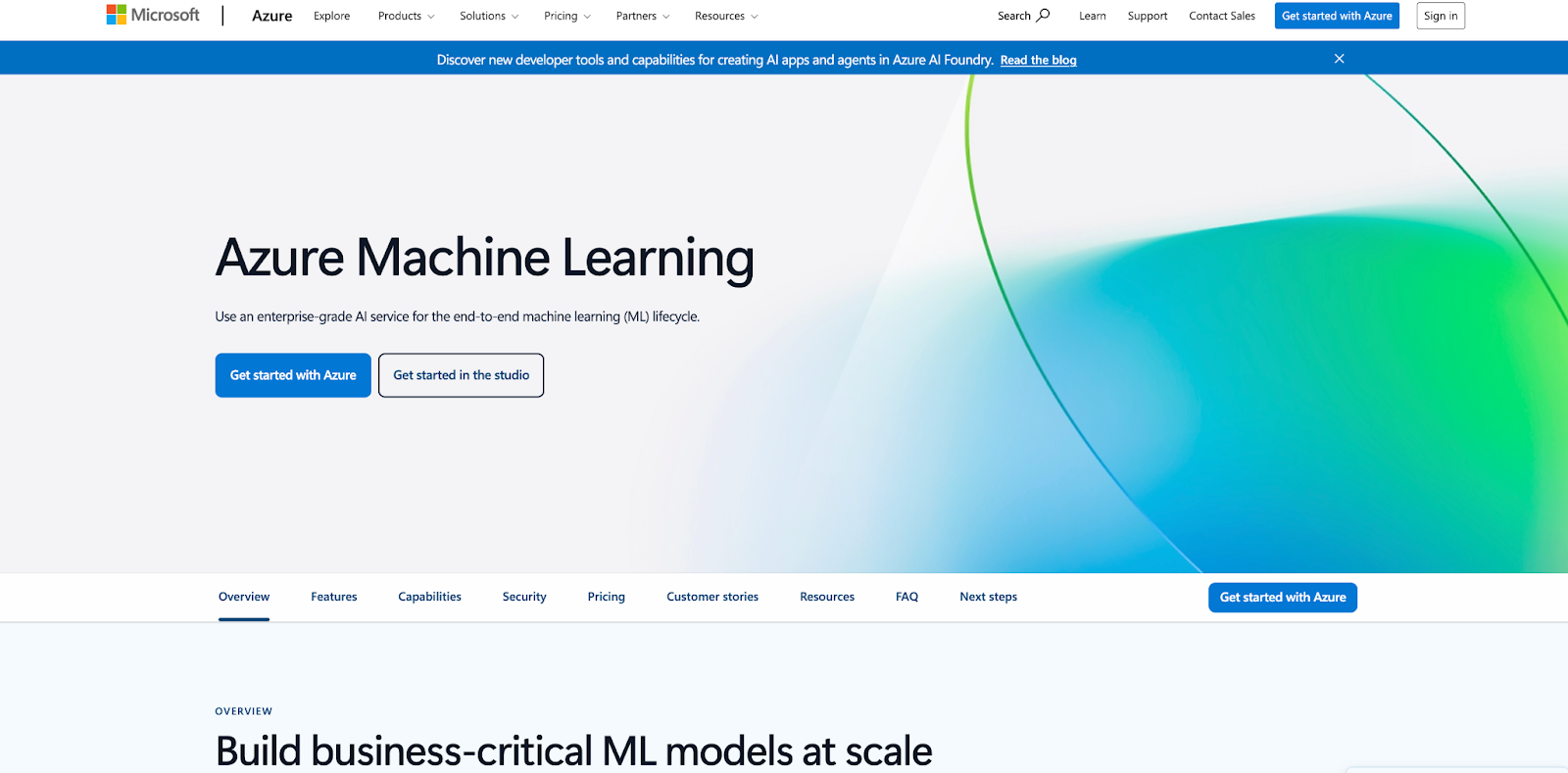 Azure machine learning product page